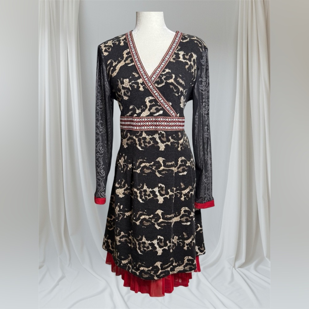 Vasna Desire Midi Length Dress Woman’s Size Large Mixed Prints Red Ruffle Boho